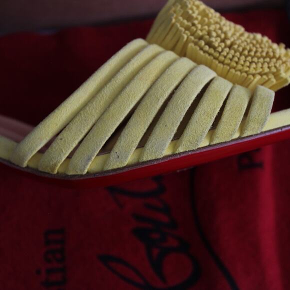 Christian Louboutin Belbrossa Yellow Suede Pompom Fringe Slip-On Kitten Heels - Picture 7 of 16